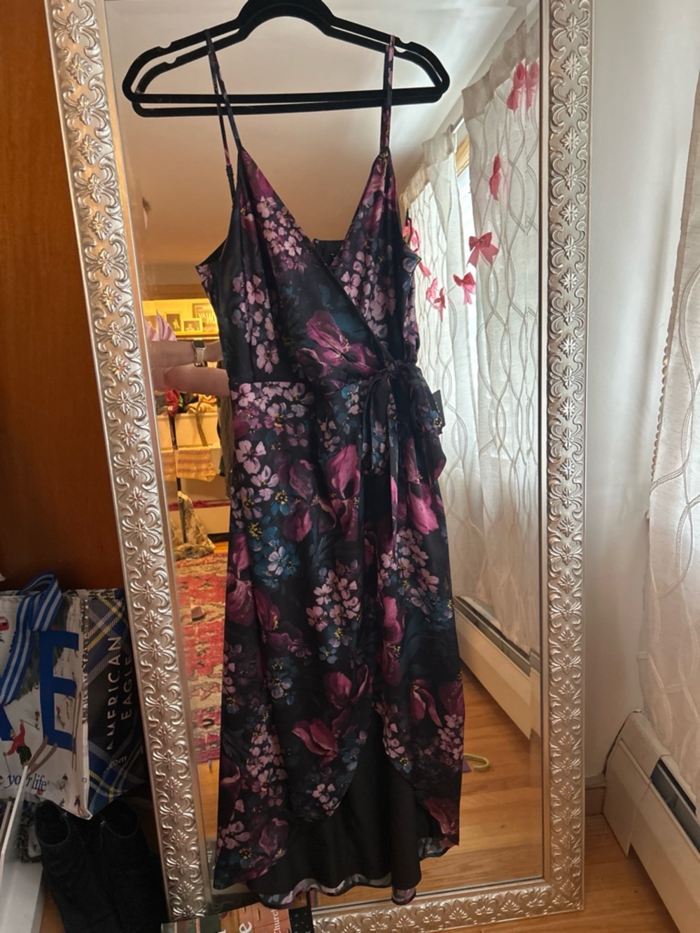Express Floral Wrap Midi Dress in Deep Plum and Black
